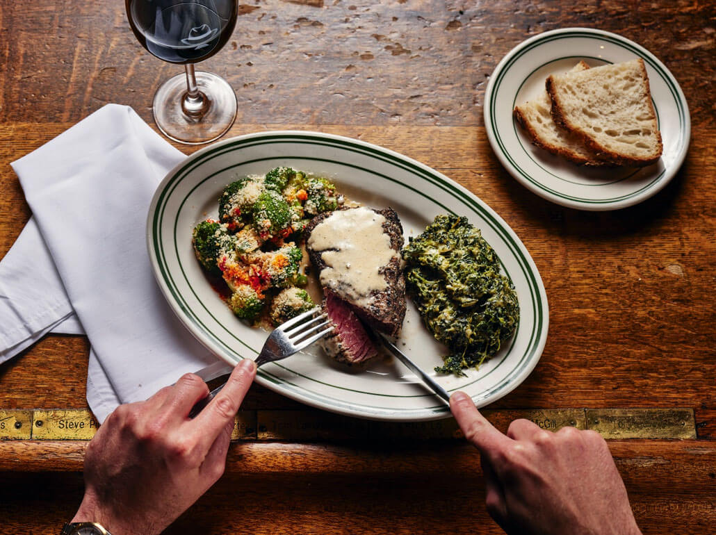 Izzy’s Filet Mignon au Poivre with a glass of 2017 Neal Family Vineyards