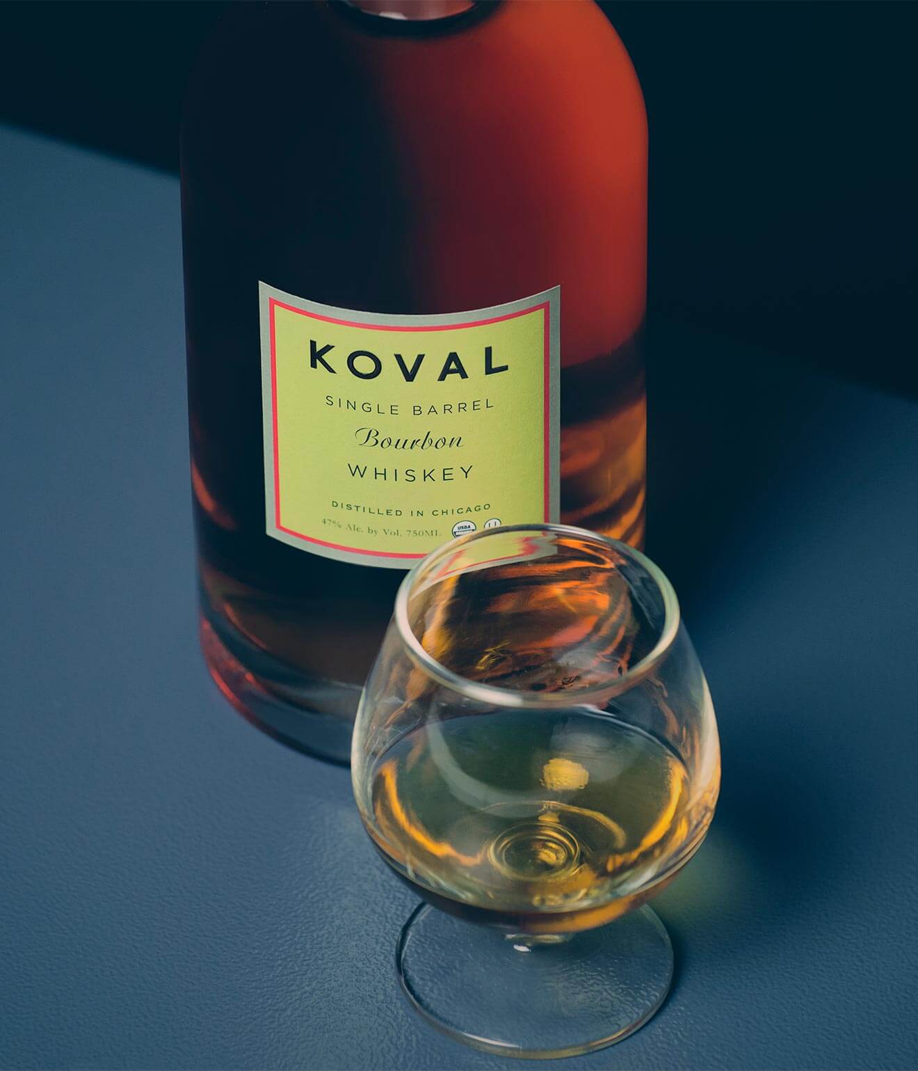 Koval Bourbon, bottle and glass
