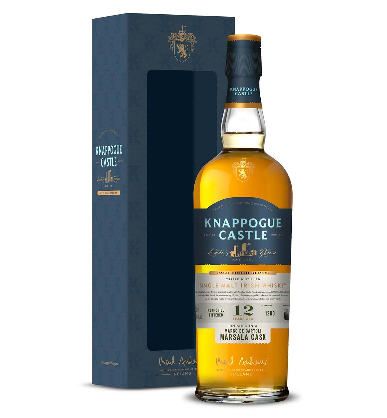 Knappogue Castle 12 Year Old Marsala Cask, packaging and bottle on white