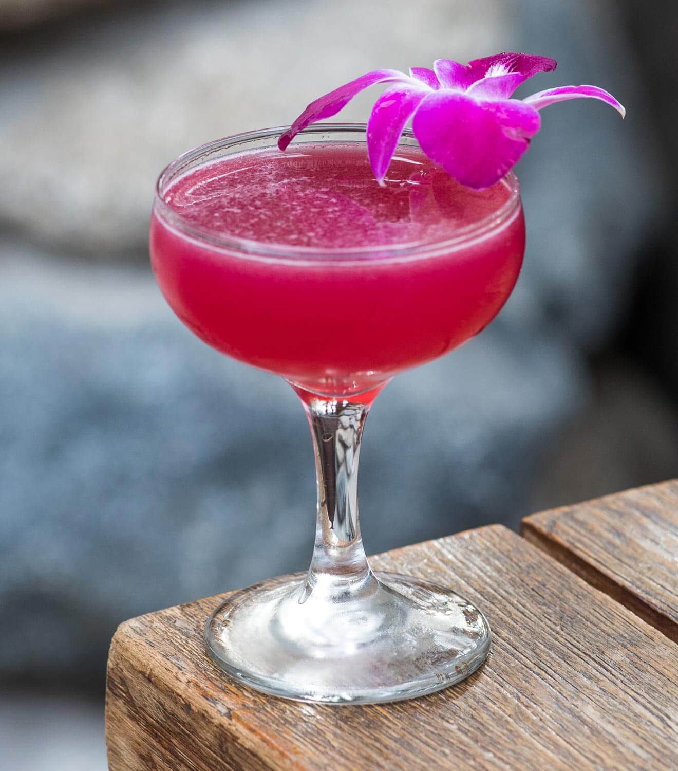 kusinagi martini cocktail with pink flower garnish