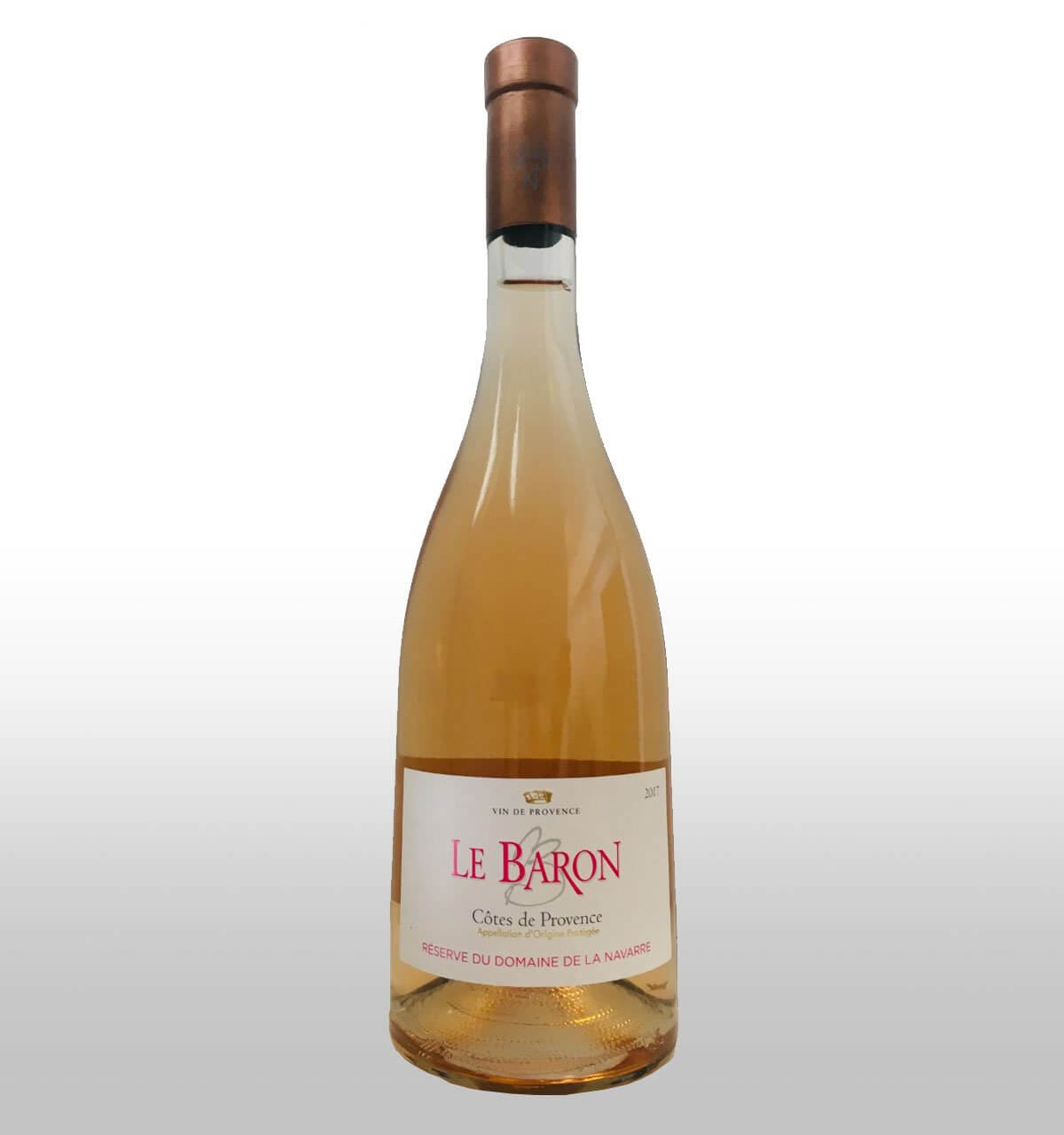 Le Baron Côtes de Provence Rosé 2017, bottle on light background