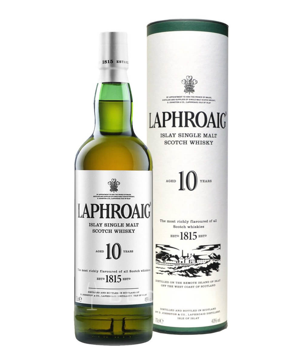 Laphroaig 10 Year Old Scotch Whisky, bottle and package on white