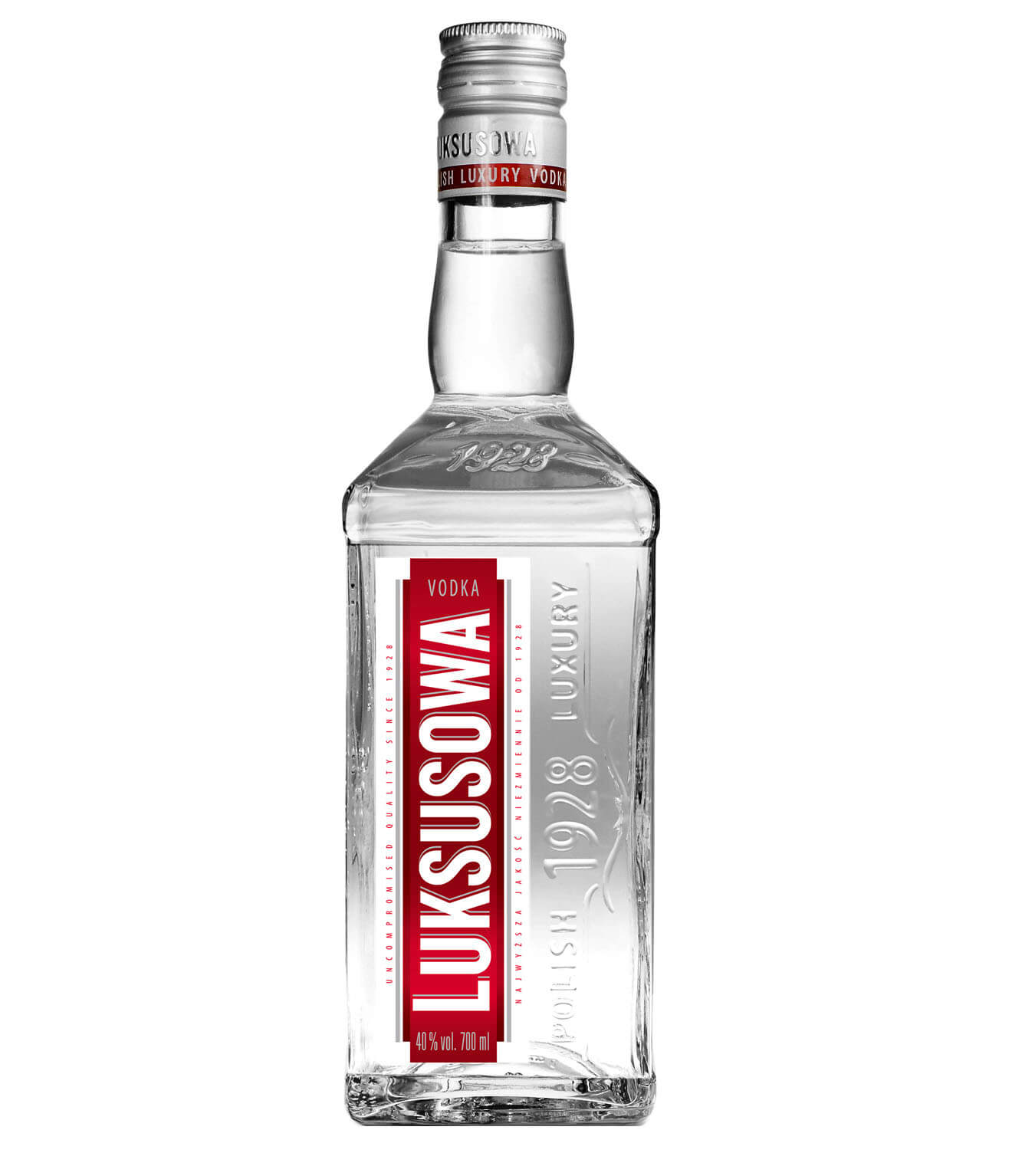 Luksusowa Vodka, bottle on white