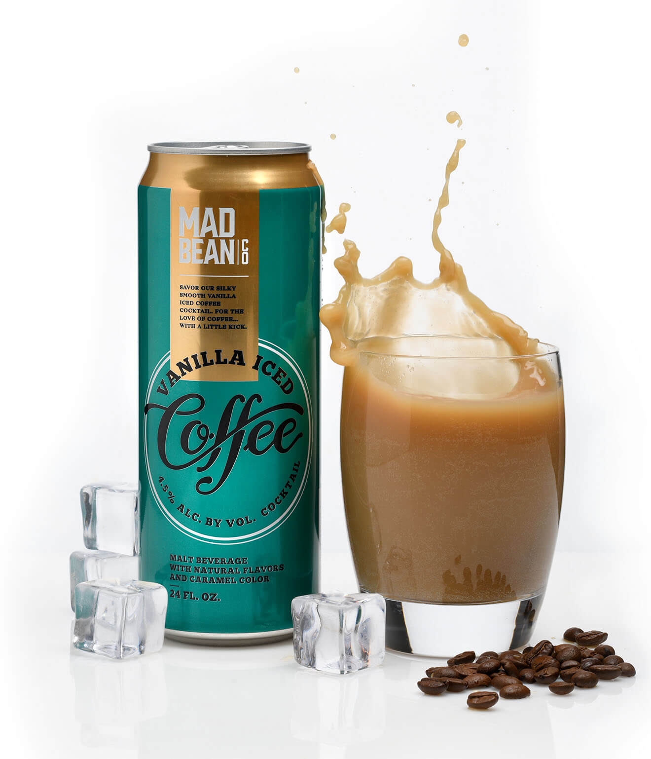 Mad Bean Bulldog, cocktail and can, coffee beans, white background