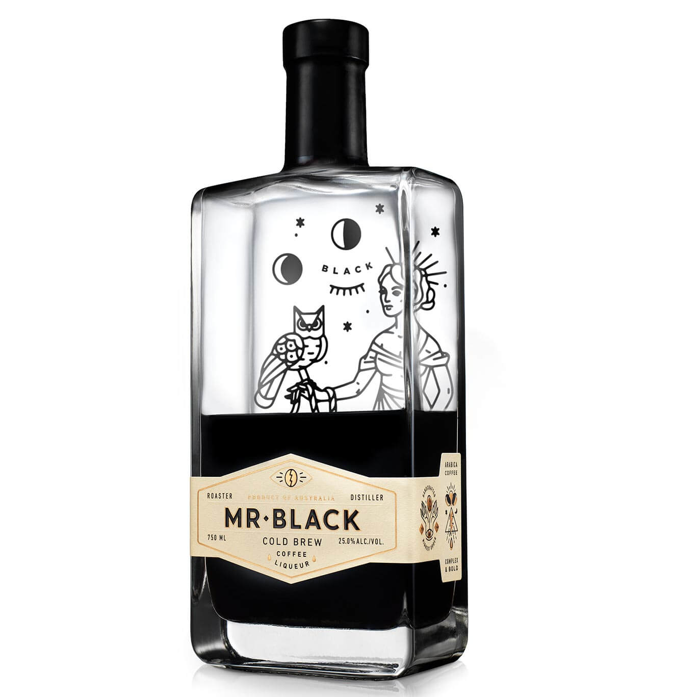 Mr Black Cold Brew Coffee Liqueur, bottle have full showing bottle graphics, on white