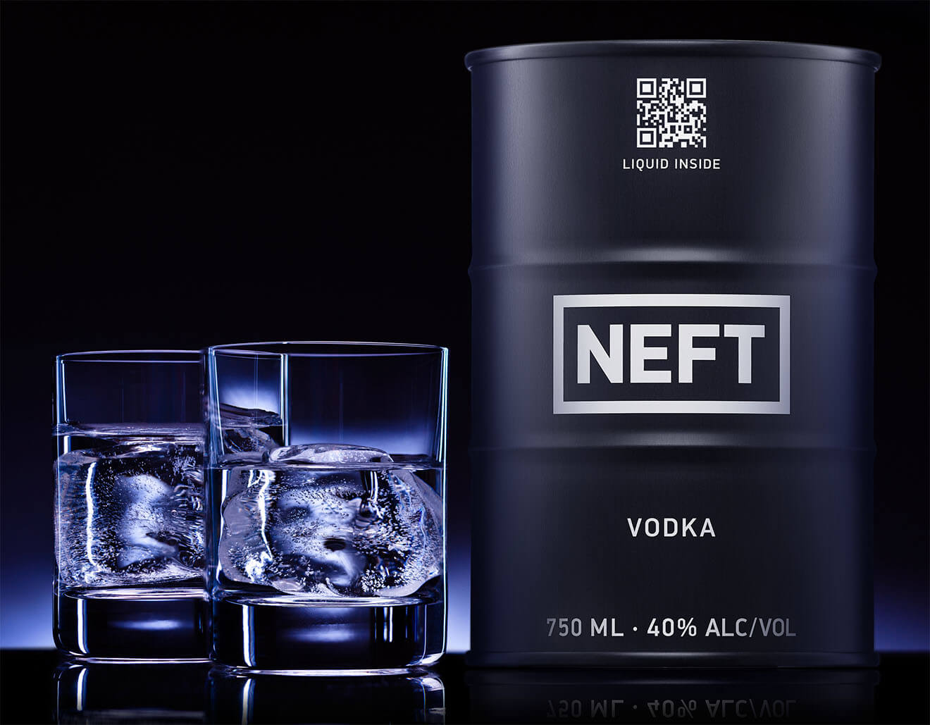 NEFT Vodka, glasses and black barrel