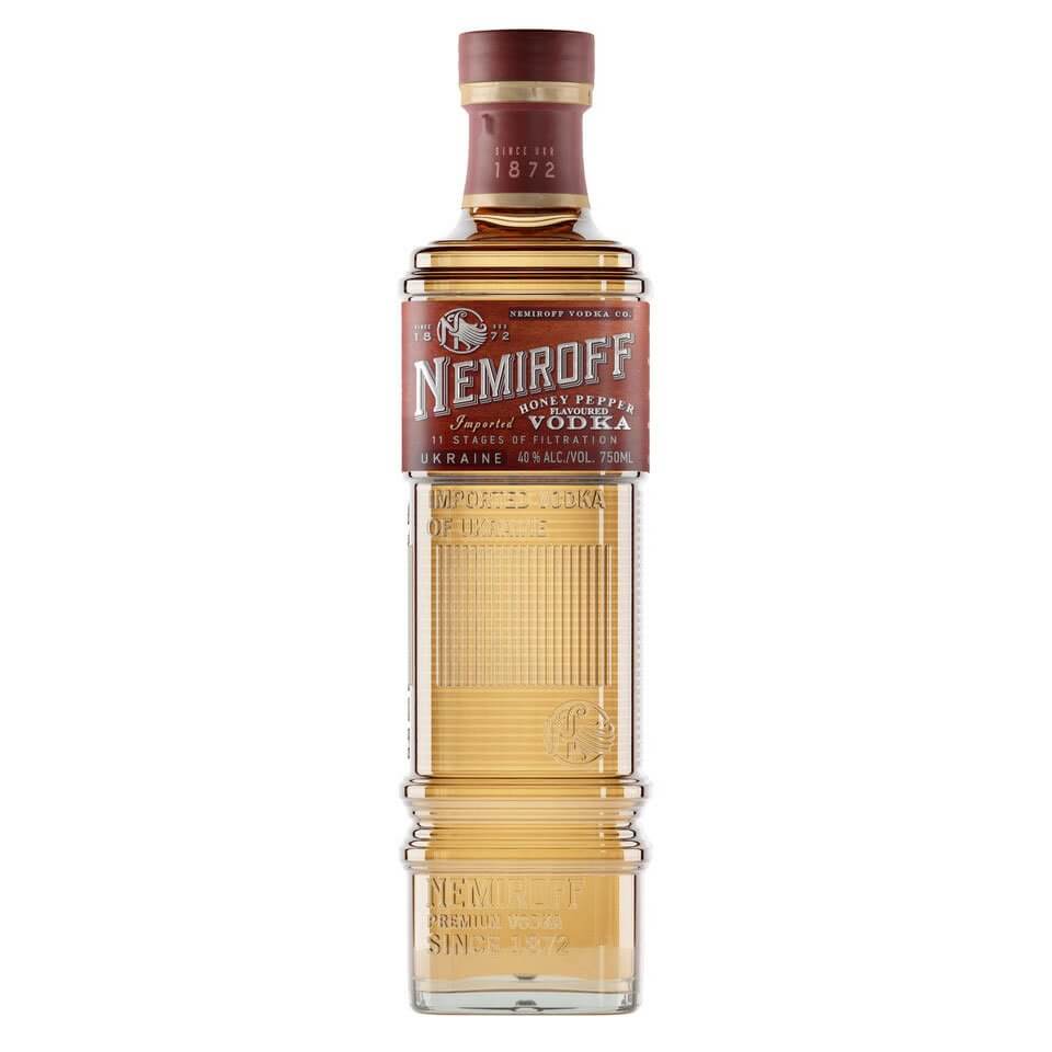 Nemiroff Honey Pepper Flavoured Vodka, bottle on white