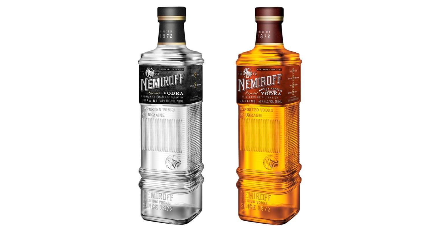 Nemiroff Original and Honey Pepper Vodka, bottles on white, featured image