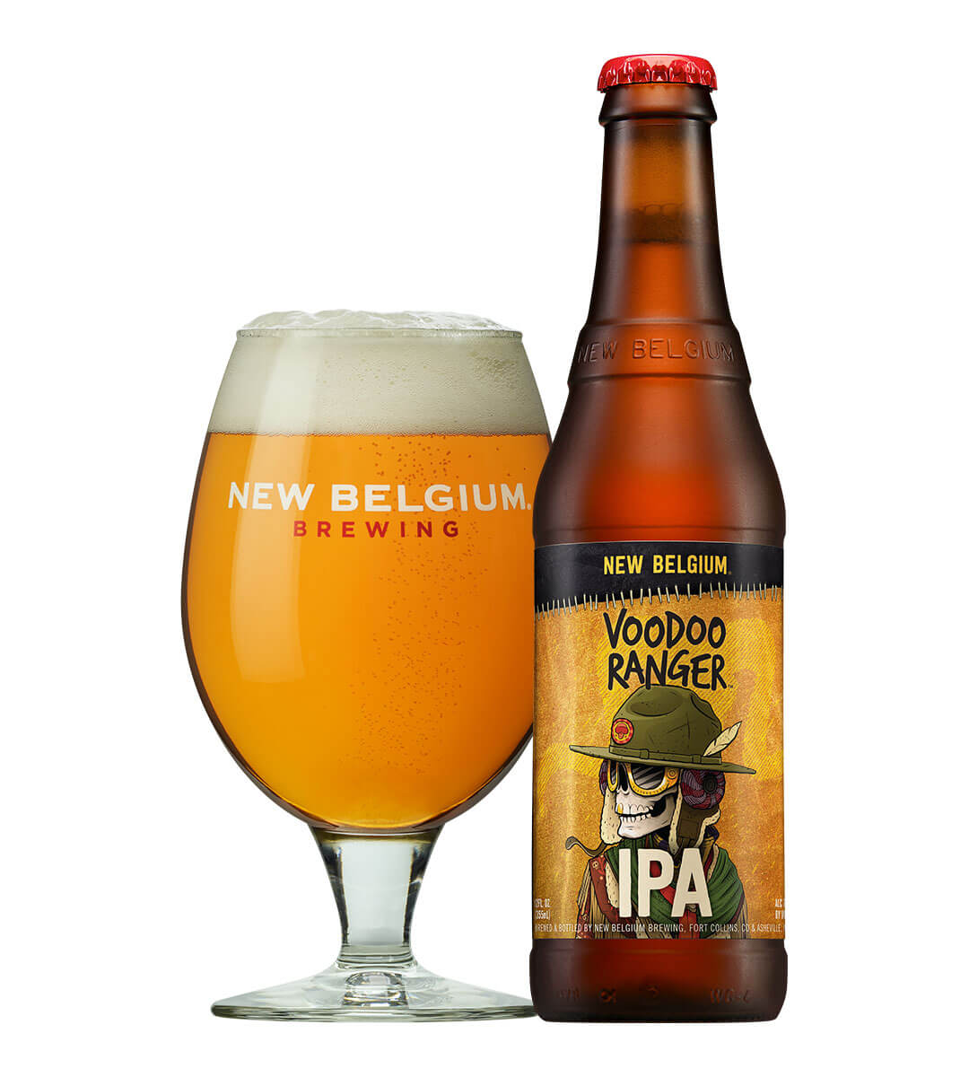 New Belgium Voodoo Ranger Juicy Haze IPA, glass and bottle, white background