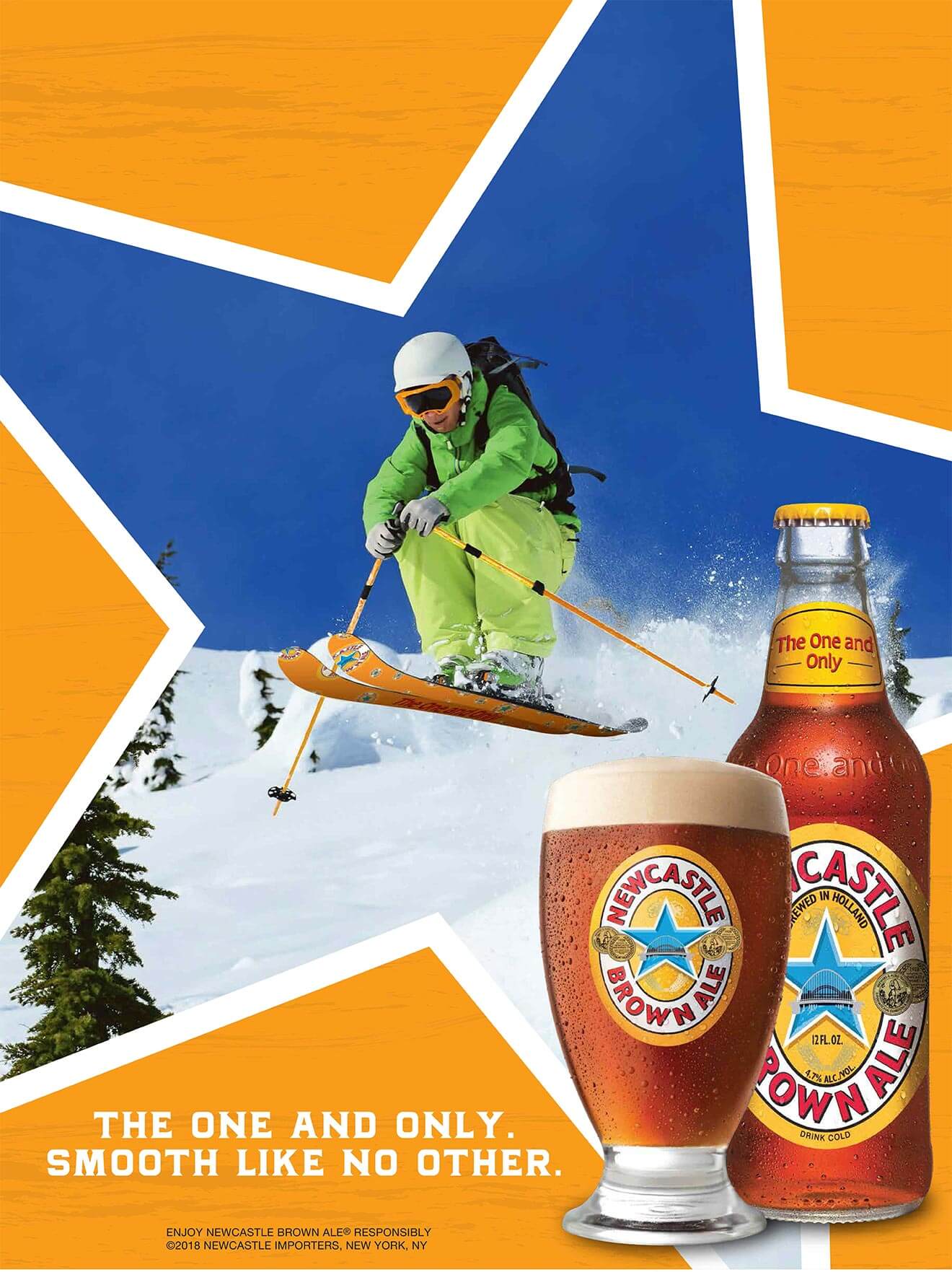 Newcastle Brown Ale-Partners with Local Media, poster with skier and bottle