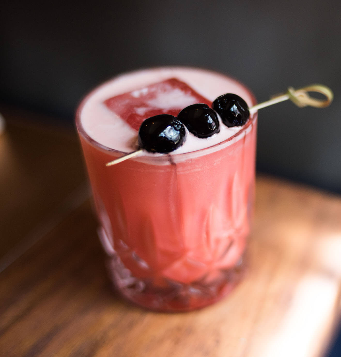 Noble Sour cocktail, garnish on stake