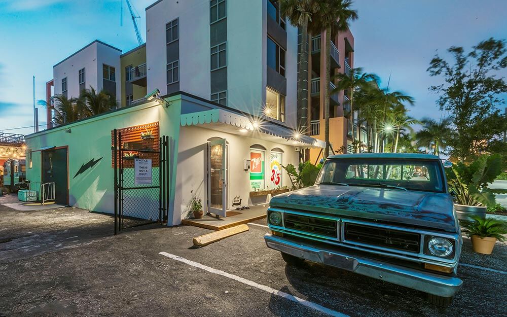 O.G. Delray Beach, front entrance, classic car, night shot
