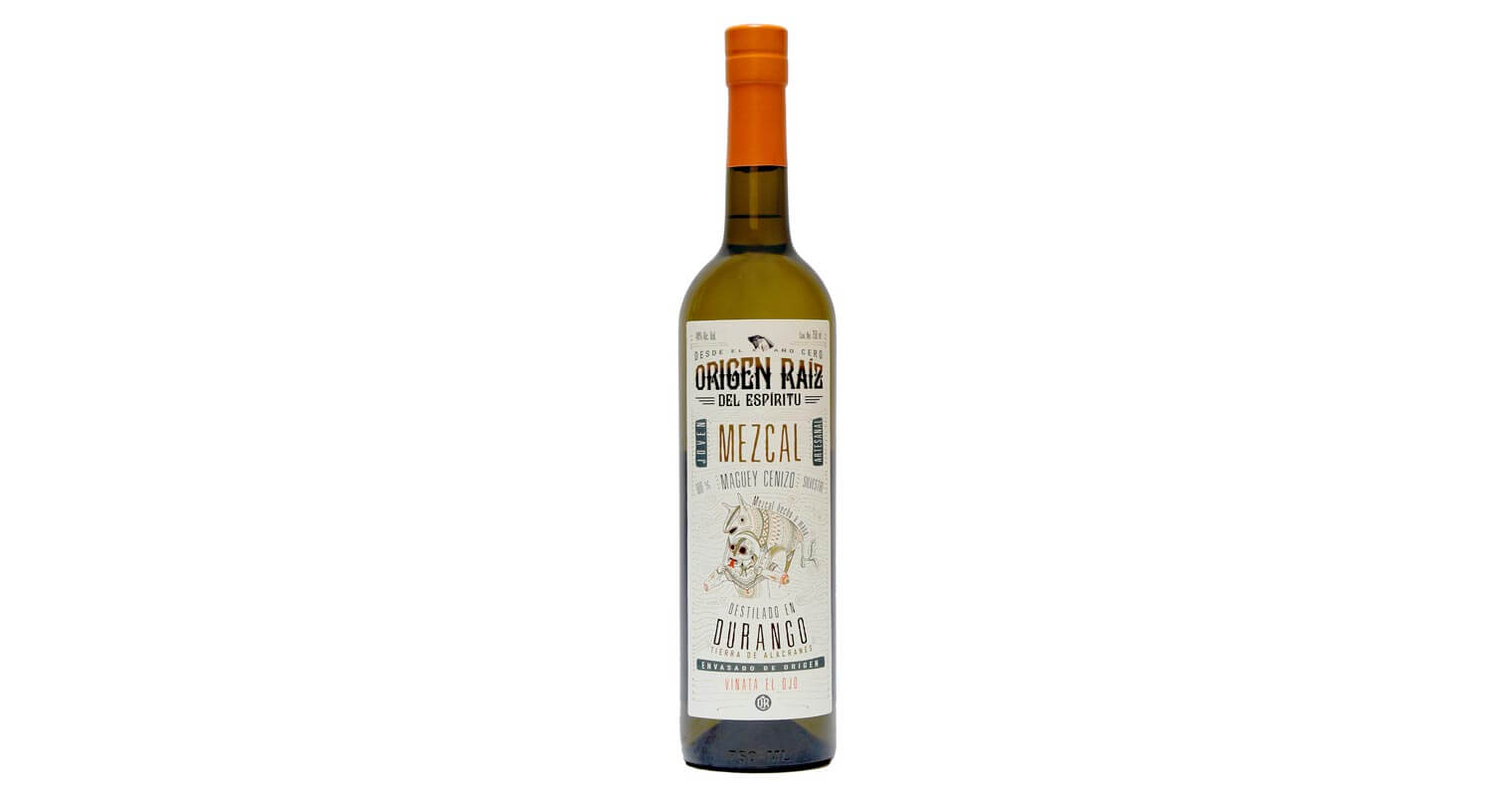 Origen Raiz Mezcal, bottle on white, featured image