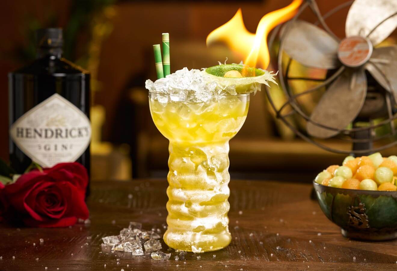 Out of Office cocktail, bottle and garnishes