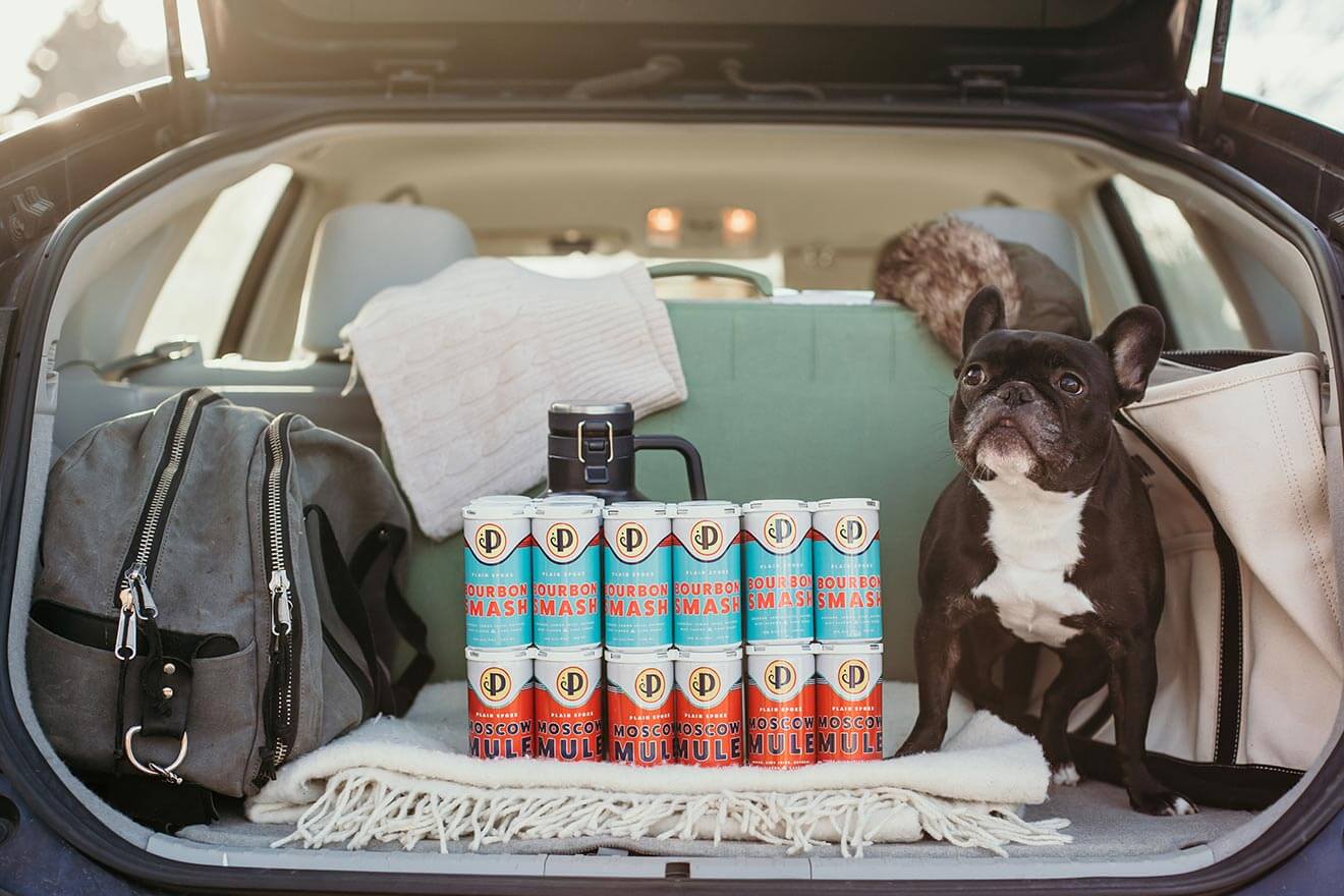 Plain Spoke Cocktails to Go, trunk with cans and puppy