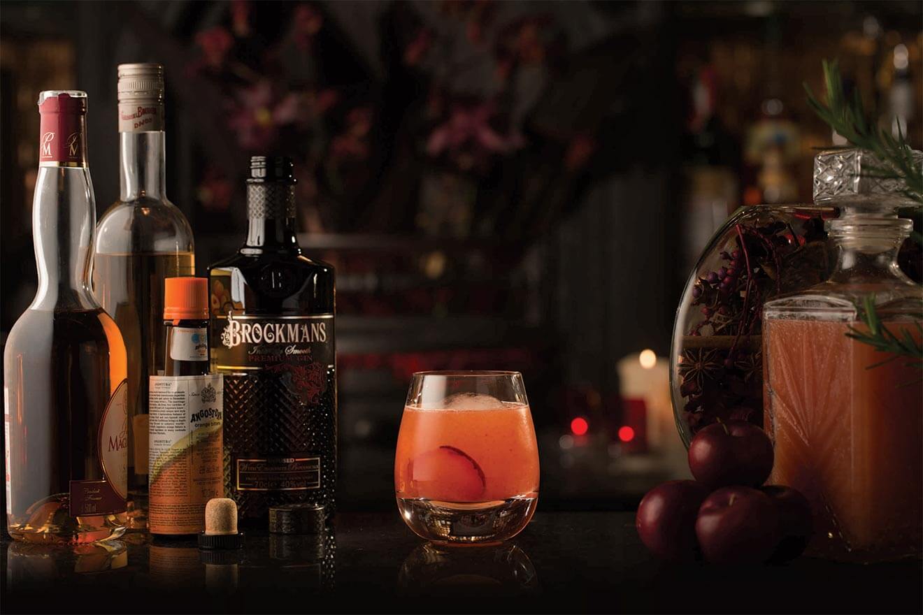 Plum Delicious, brockmans bottle, garnishes and bar tools