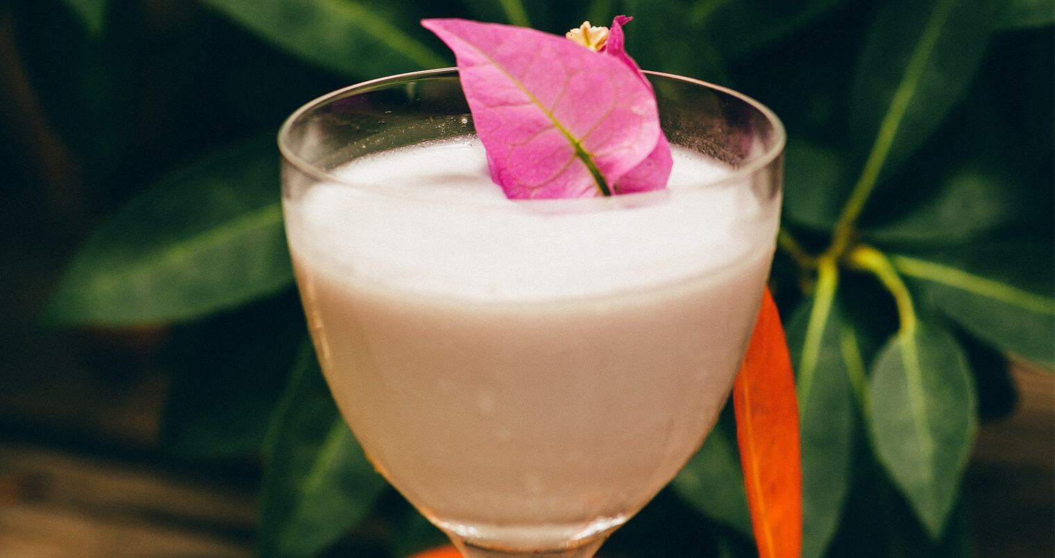 Purple Rain, cocktail with garnish, garden background, featured image