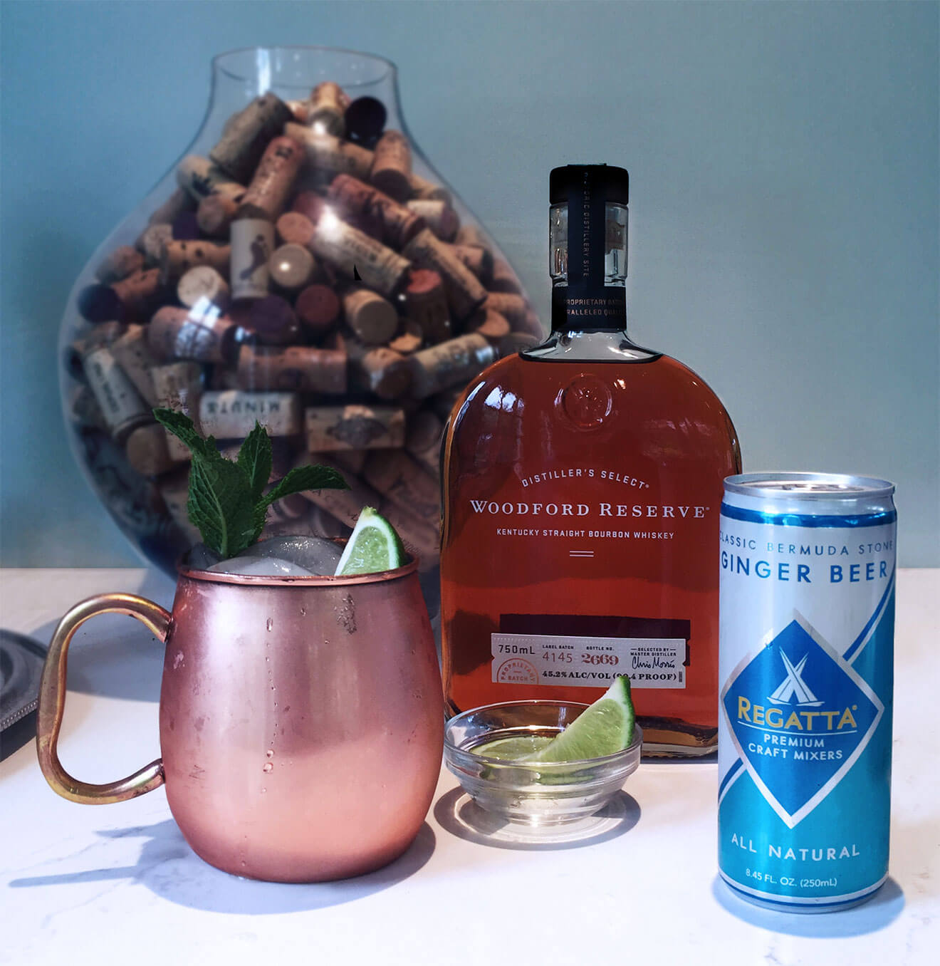 Regatta Kentucky Mule, bottle and cocktail with variety of decoration