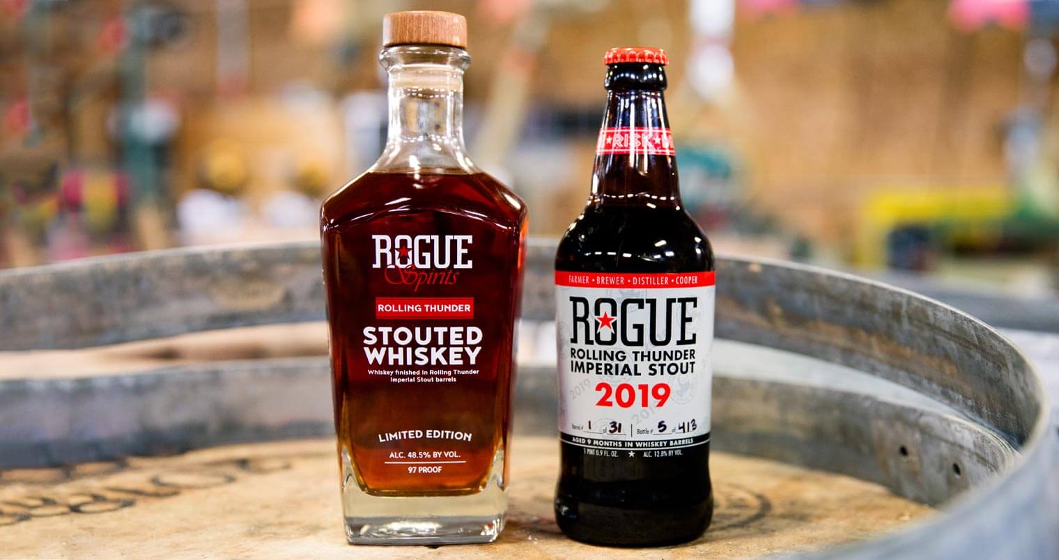 Rolling Thunder Stout & Whiskey, bottles on barrel, featured image