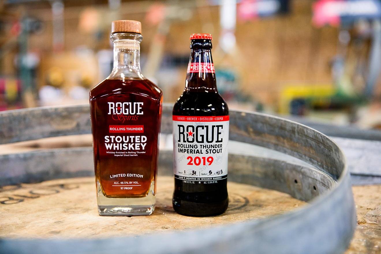 Rolling Thunder Stout & Whiskey, bottles on barrel, featured image