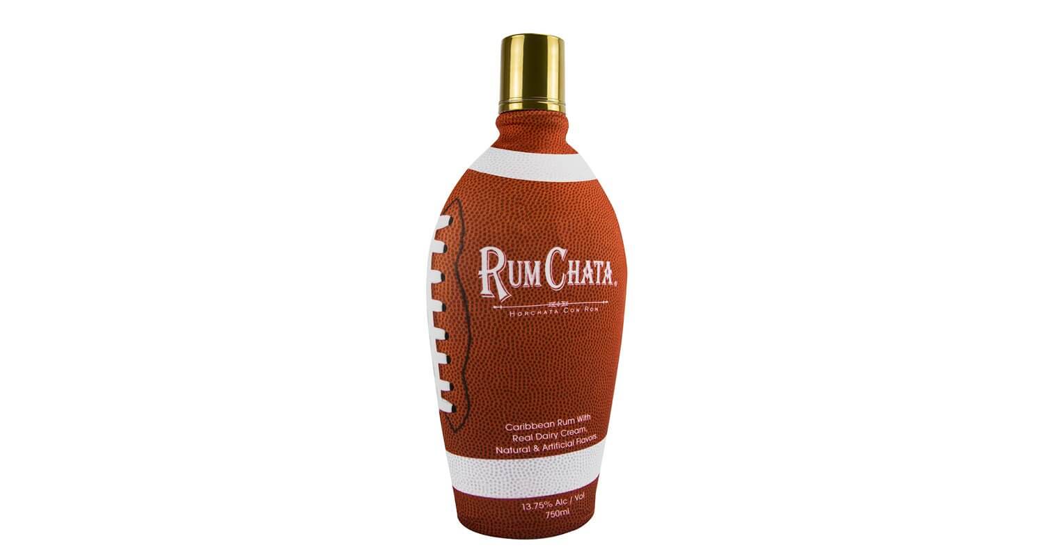 RumChata Football Sleeve, with bottle on white, featured image