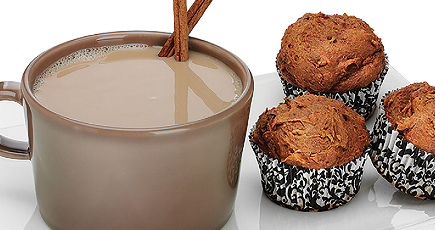 RumChata Pumpkin Spice Muffins, with hot cocoa, cinnamin sticks, featured image