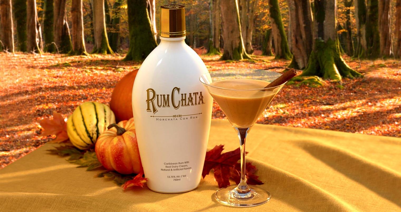 A RumChata Thanksgiving, bottle and martini with pumpkins