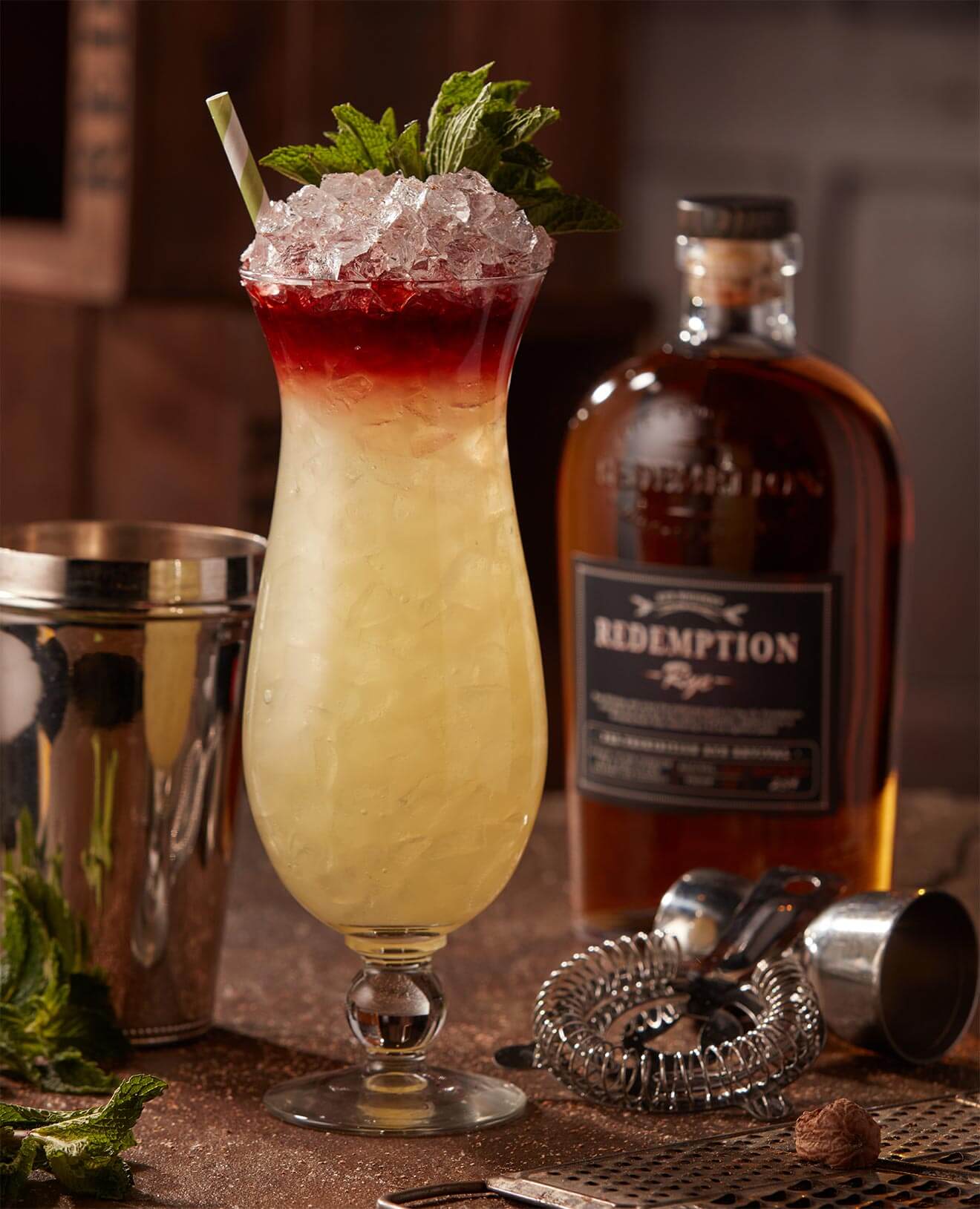 Midwest Rye Tai, cocktail with garnish, bottle and bar tools