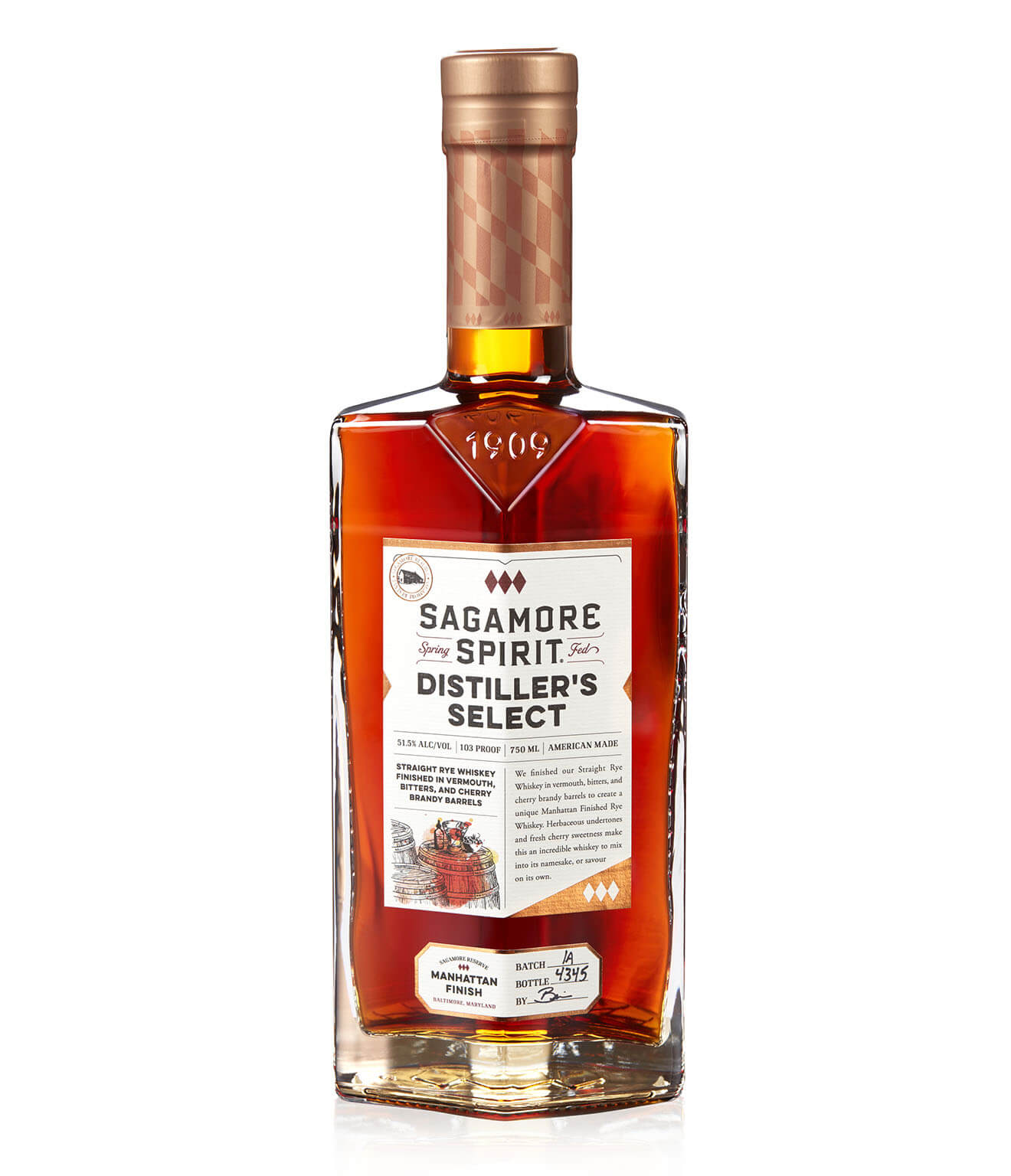 Sagamore Rye Distillers, bottle on white, manhattan