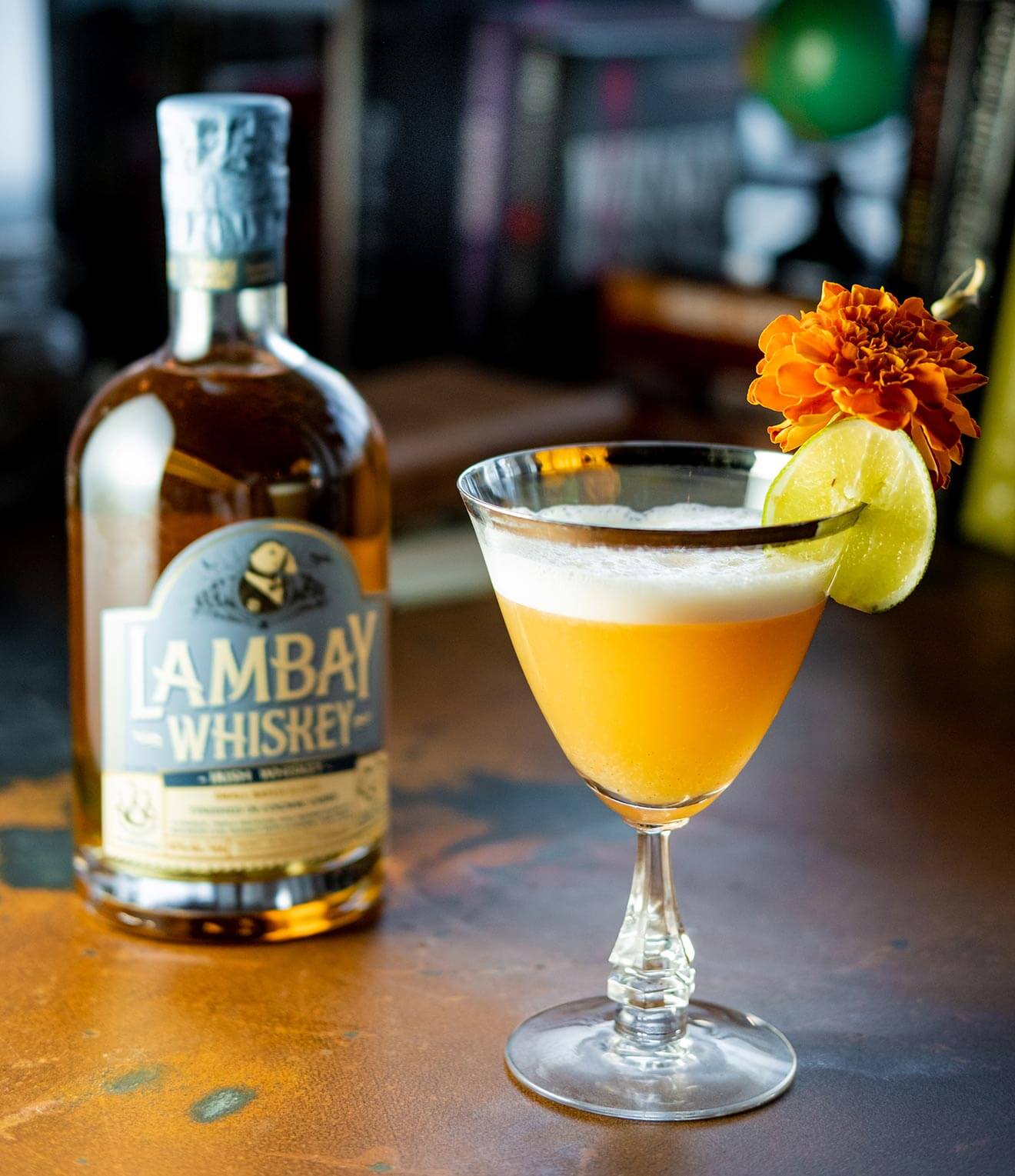Sassy Irishman, cocktail with lambay whiskey bottle