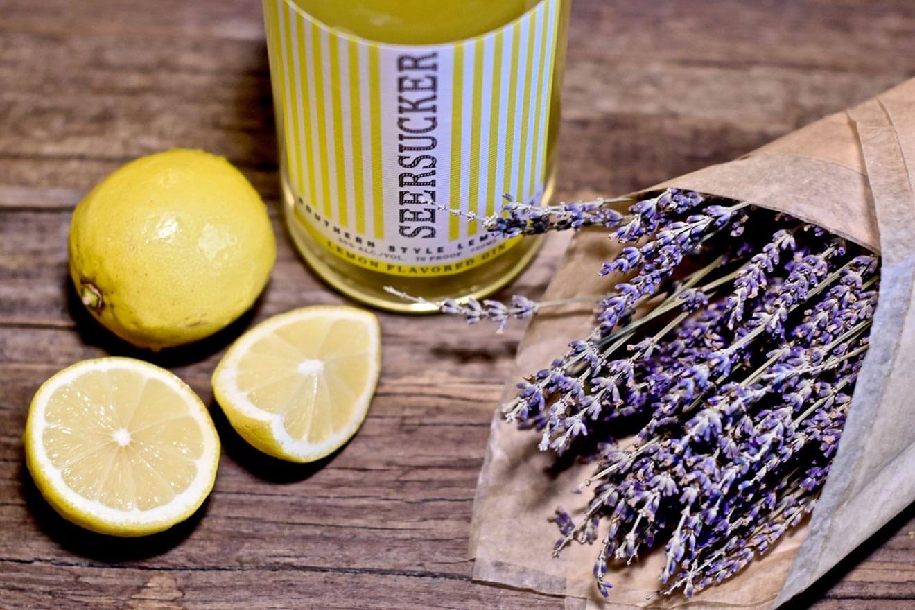 Seersucker Lemonade, lemon, lavender on table