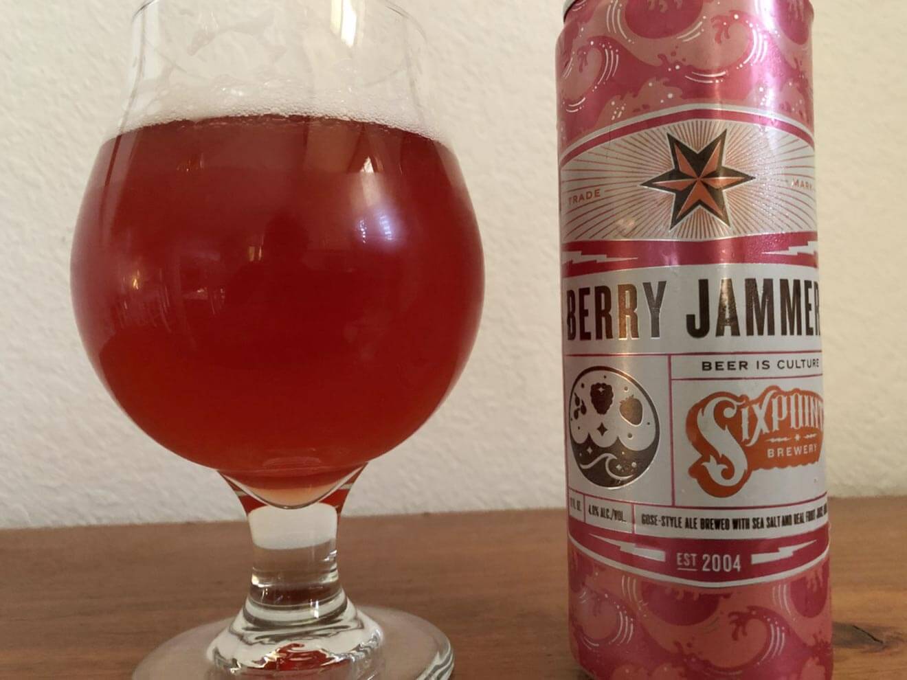 Six Point Brewery Berry Jammer Gose, glass and can