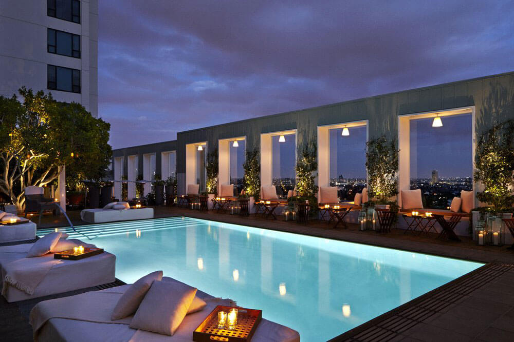 Skybar at the Mondrian Hotel, night view with pool and vip