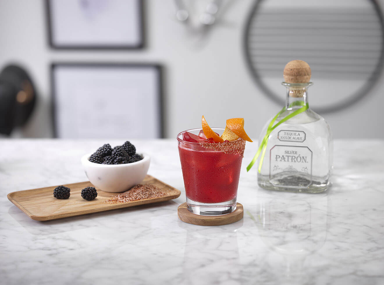Skyline Margarita, cocktail with garnishes on table