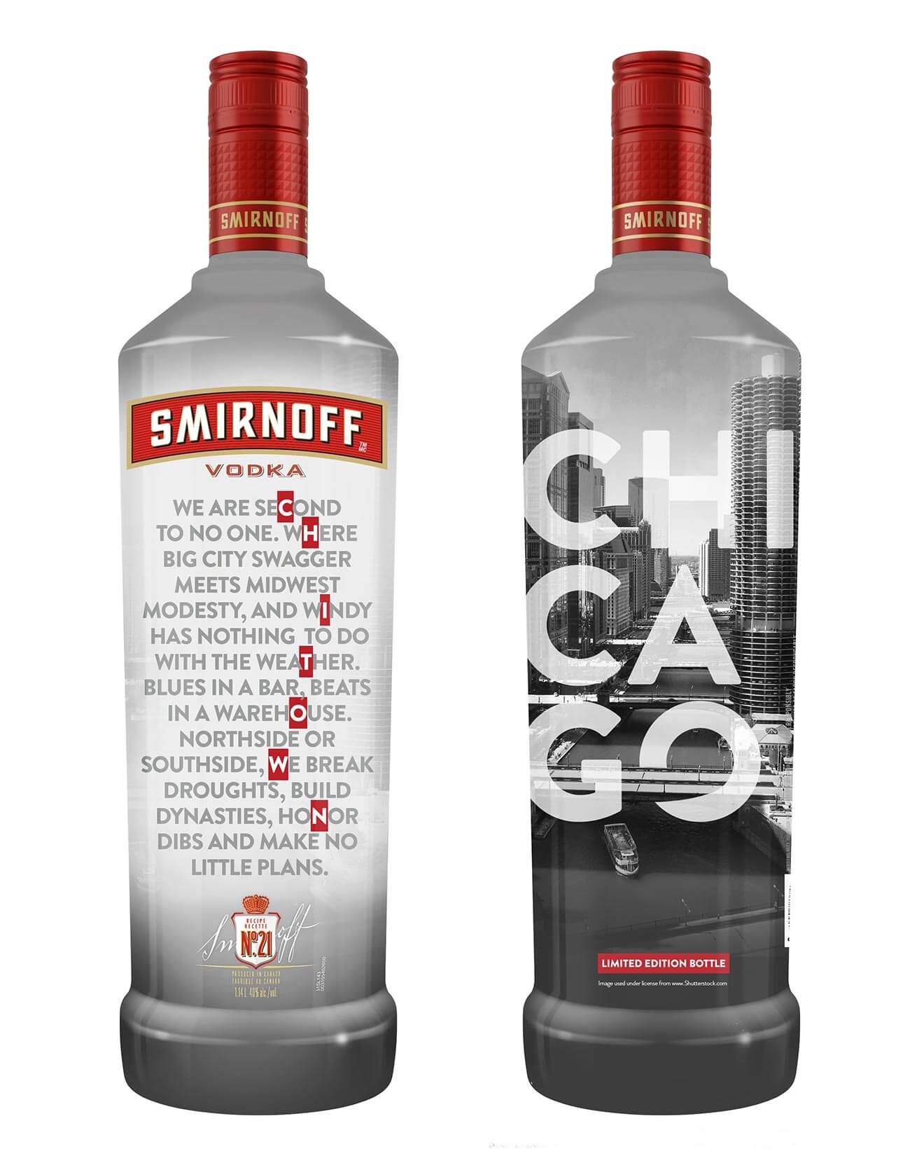 Chicago Bottle, front and back on white
