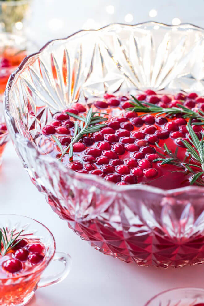 Sparkling Cranberry Rosemary Punch, serving bowl and cocktails