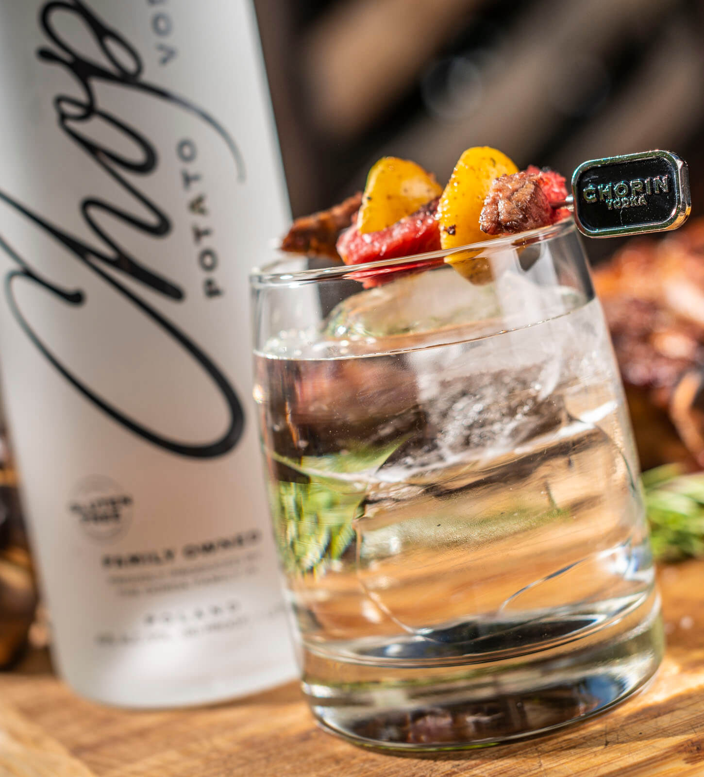 Steak & Chopin Potato, cocktail and bottle