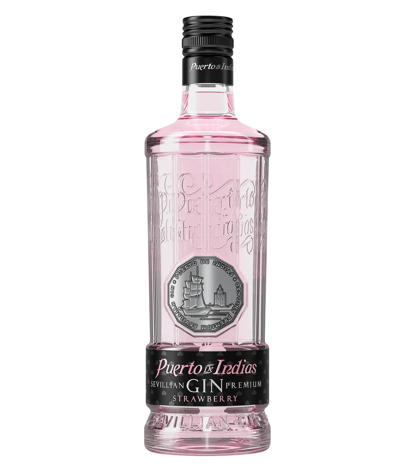 Puerto de Indias Strawberry Gin, bottle on white