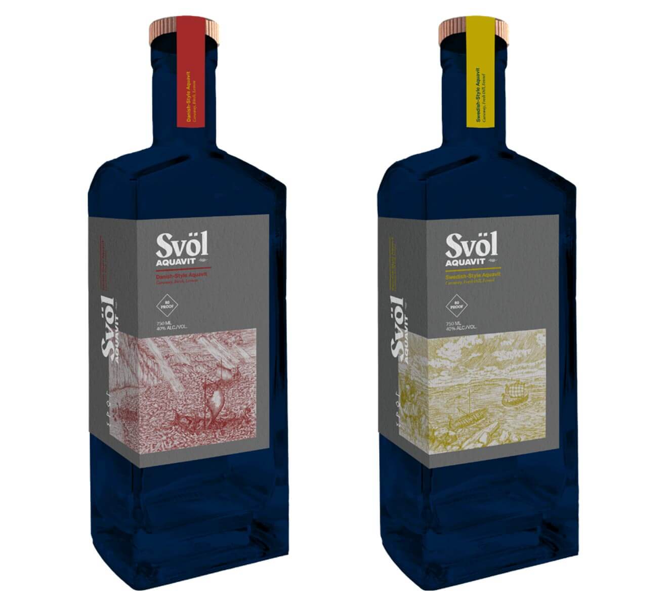 Svöl Aquavit Danish-Style and Swedish-Style bottles on white
