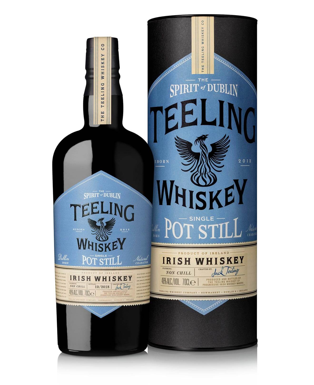 Teeling Single Pot Still Irish Whiskey, bottle and package on white