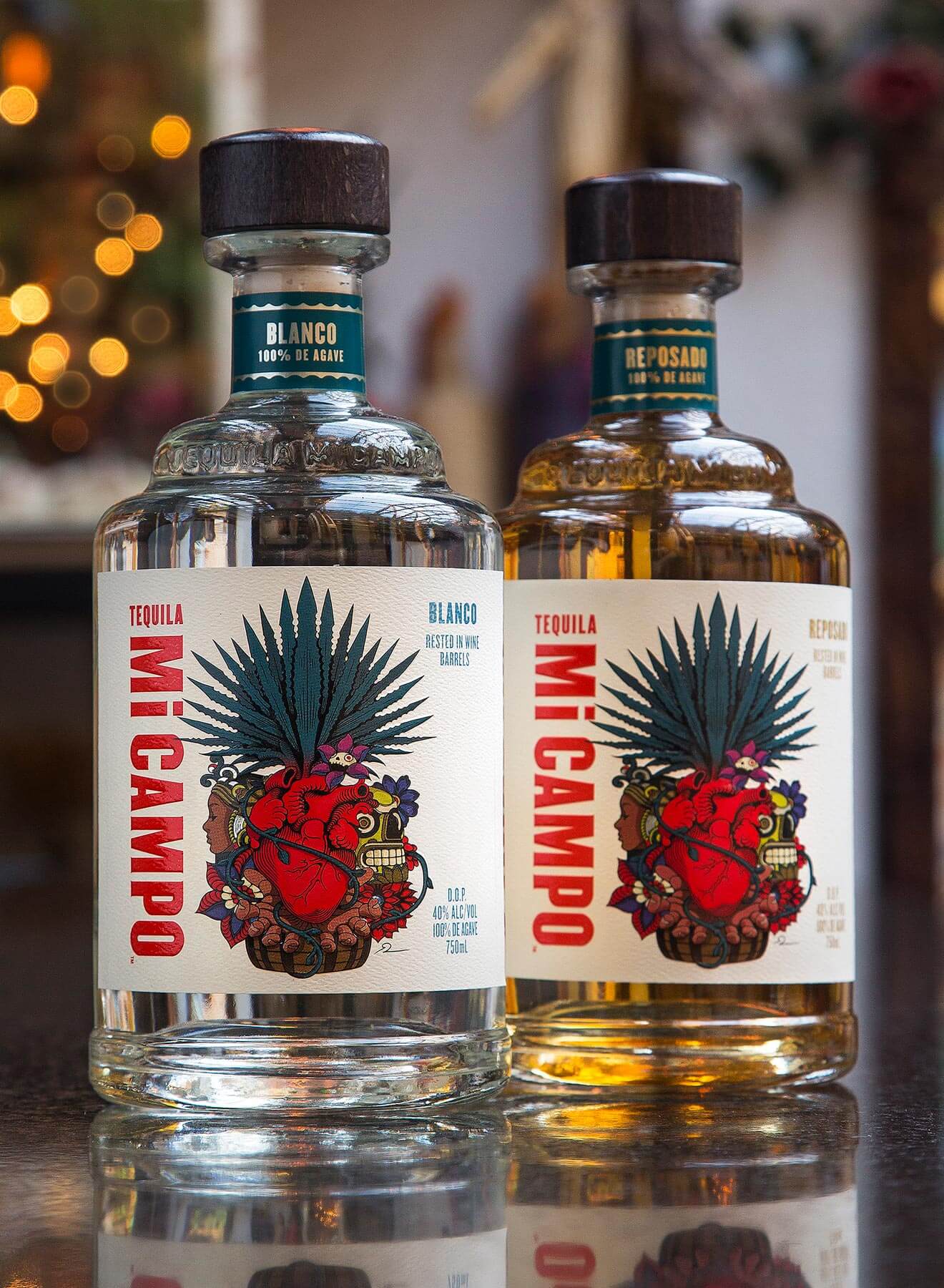 Tequila Mi CAMPO Blanco and Reposado, bottles on table