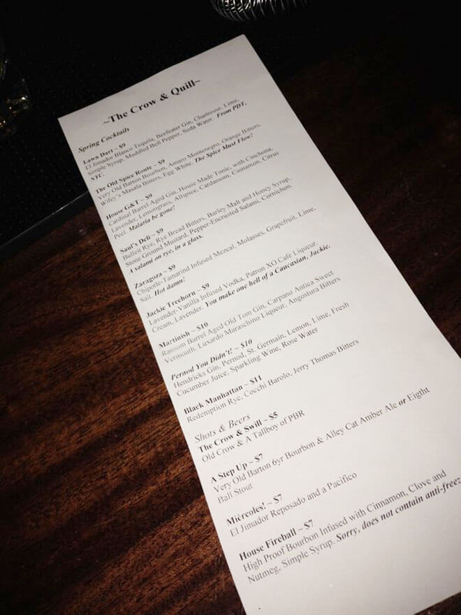 Crow & Quill Cocktail Menu