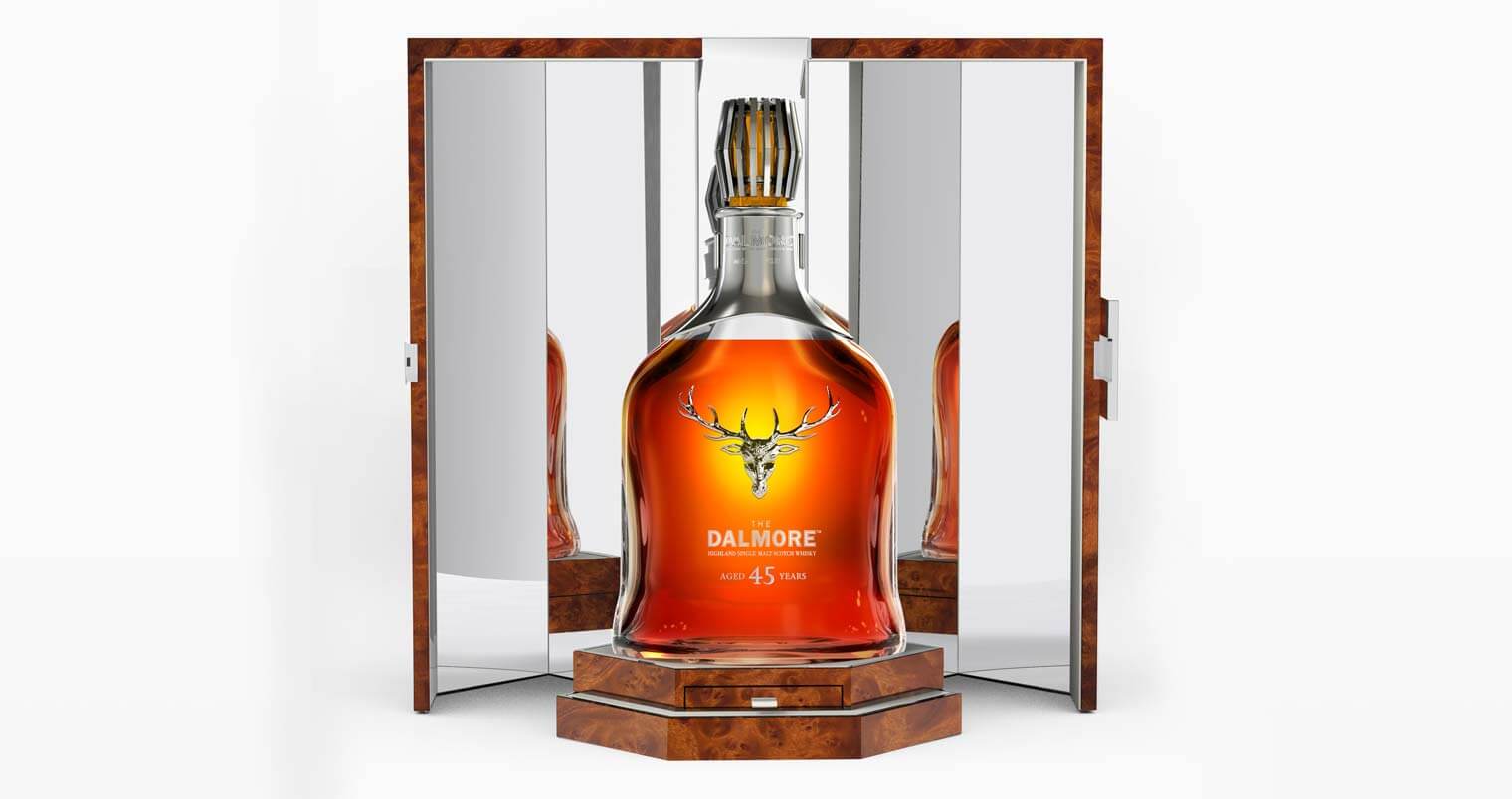 The Dalmore 45 Year Old, bottle and packaging on white back, featured image