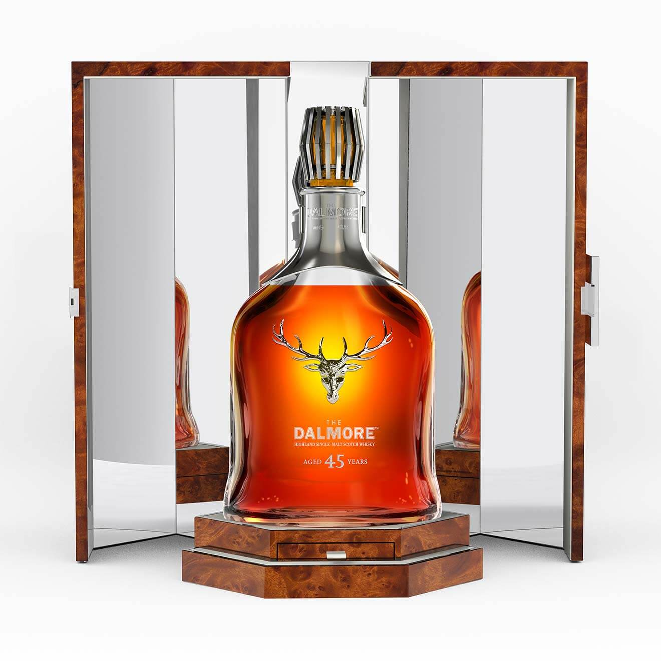 The Dalmore 45 Year Old, bottle and packaging on white back