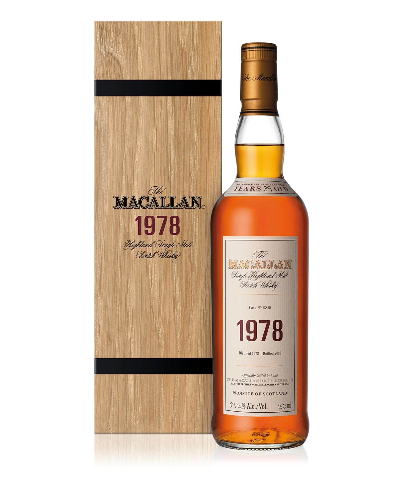 The Macallan 1978 Fine & Rare Whisky, bottle and package on white