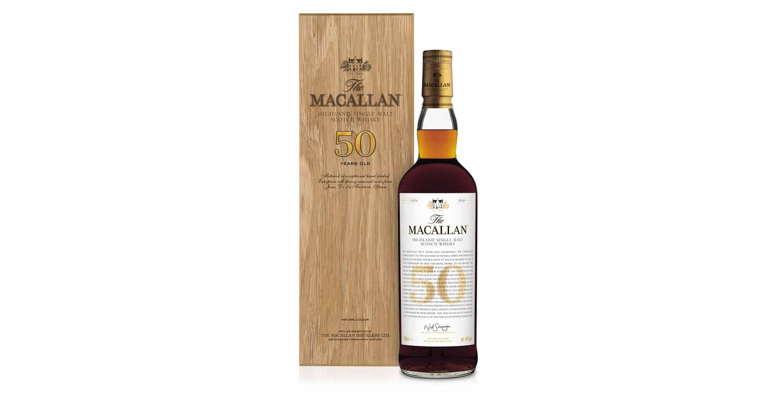 The Macallan 50 Years Old, bottle and package on white, featured image