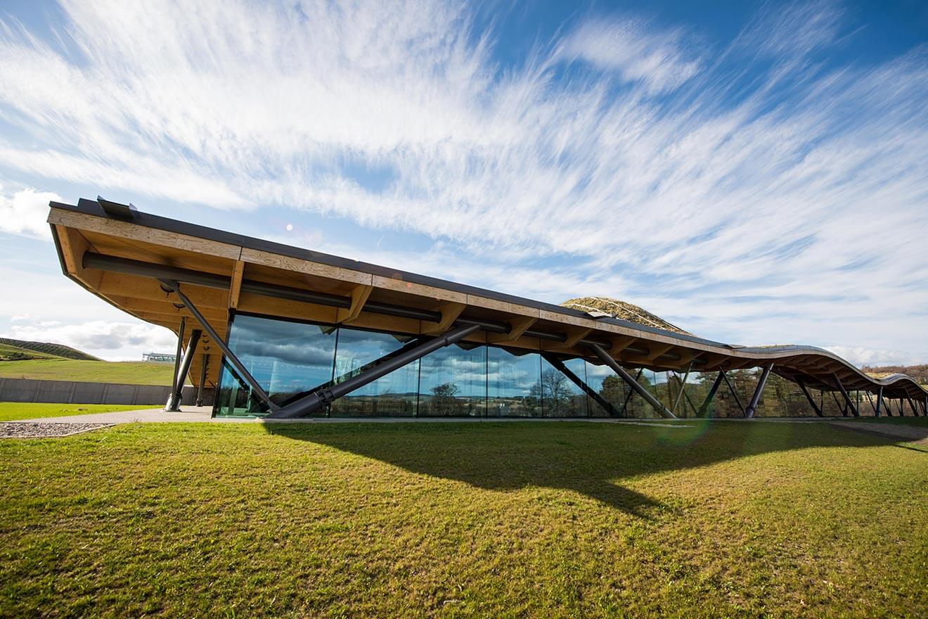 The Macallan New Distillery, side view of architecture, blue sky