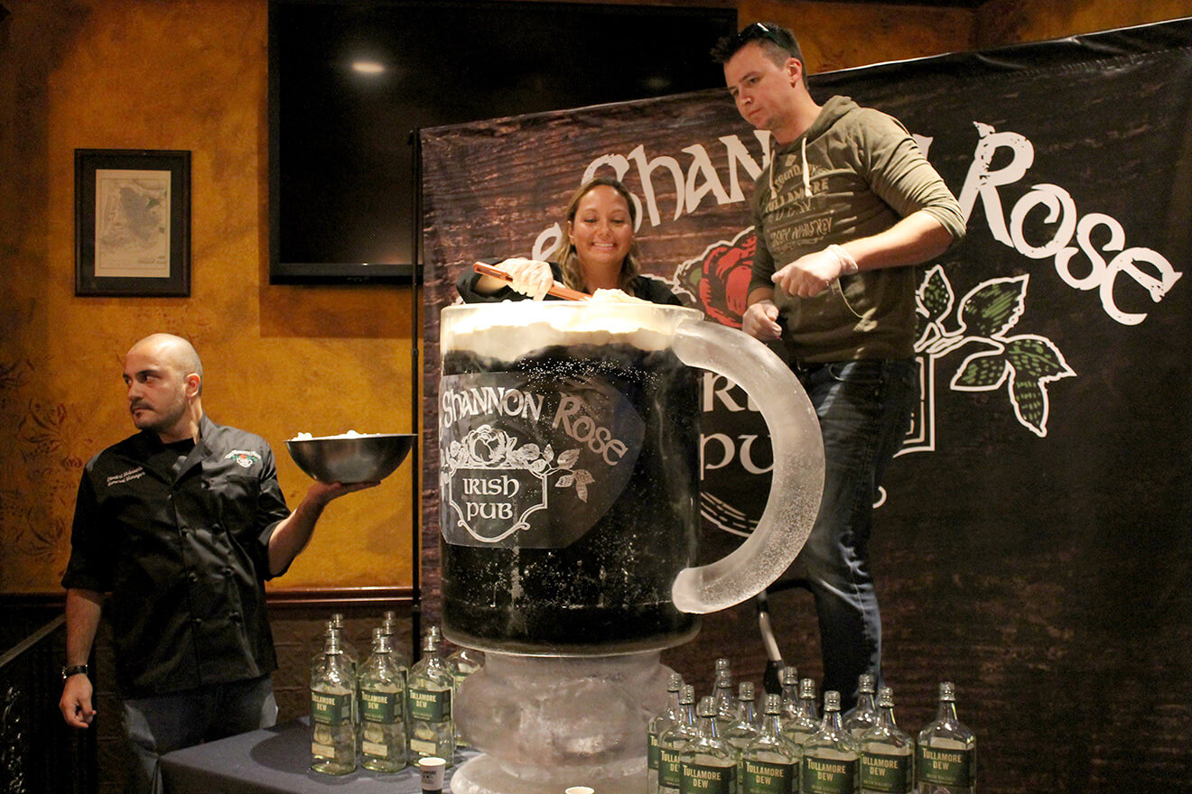 The Shannon Rose Irish Coffee Being Prepared atop huge tullamore dew display