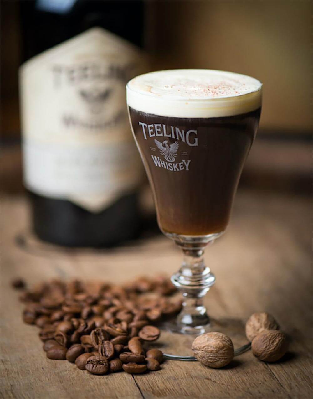 The Teeling Whiskey Irish Coffee, bottle and coffee beans