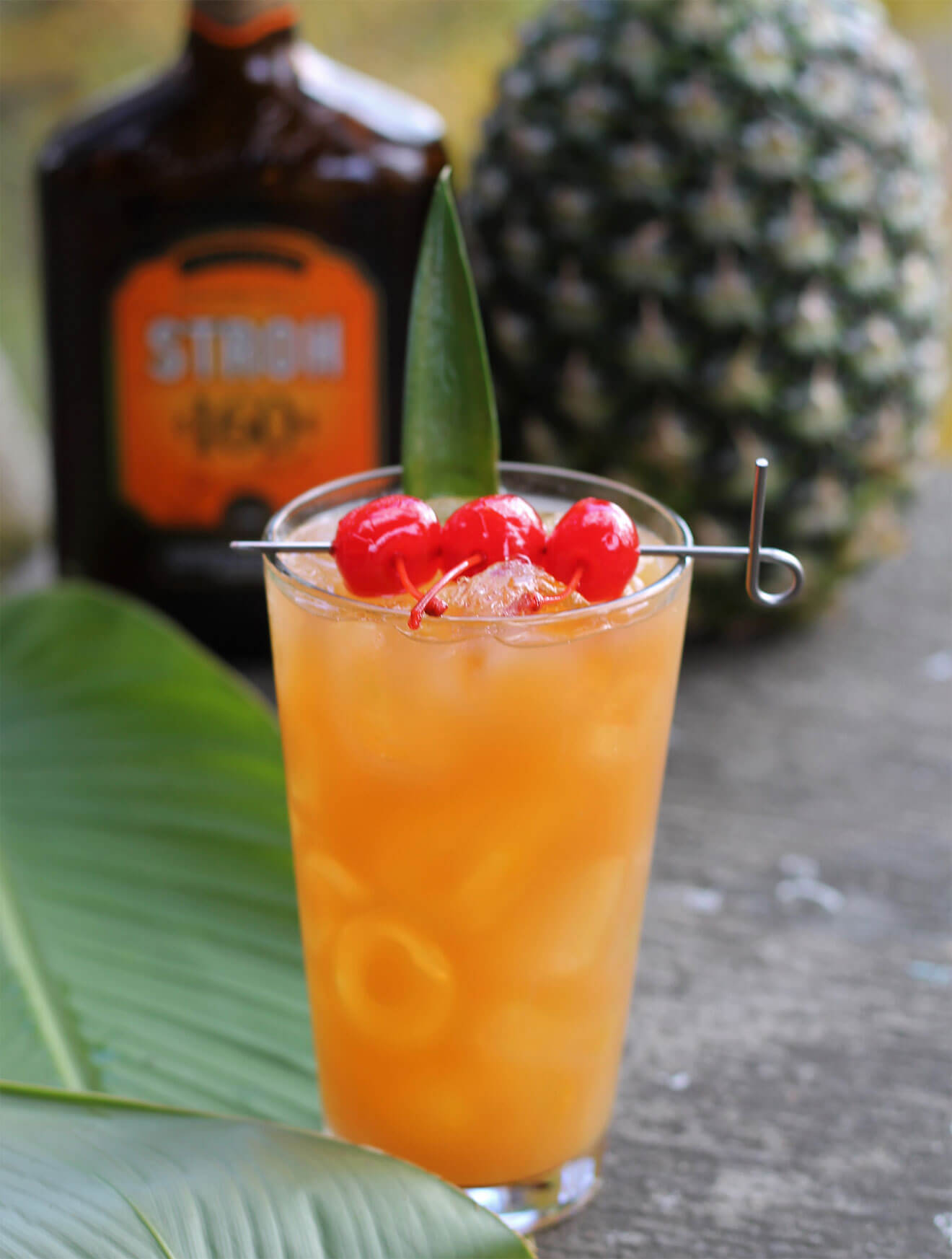 Three Dots and a Dash cocktail with cherry garnish, bottle and pineapple